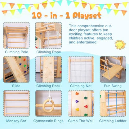 10-in-1 Swedish Ladder Wall Gym Set, Wooden Indoor Climbing Frame for Kids and Adults with Slide, Swing, Rock Climbing Wall, Gymnastic Rings, Rope Ladder, and Pull-Up Bar, Home Playground