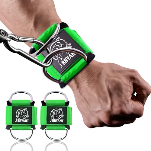 J Bryant Wrist Cuffs for Cable Machine Lateral Raise – Heavy Duty Double D-Ring Straps with Padded Neoprene – Comfortable Adjustable Wrist Support for Gym Pulley System – 2 Sizes for Men & Women - color: Green, size: Medium