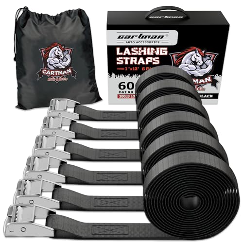Cartman 1" x 12 ft Lashing Straps, 6 Pack, 600 lb Break Strength, Black | Cam buckles, corrosion-resistant silver finish, and a carry bag for securing gear - color: Black, size: 6 PK