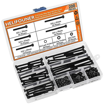 HELIFOUNER 200 Pieces M4 x 30mm /35mm /40mm /45mm /50mm, Hex Socket Head Cap Metric Screws Bolts Washers Nuts Kit, 12.9 Grade Alloy Steel, Fully Threaded, Black - size: M4 x 30/35/40/45/50mm, style: Socket Head