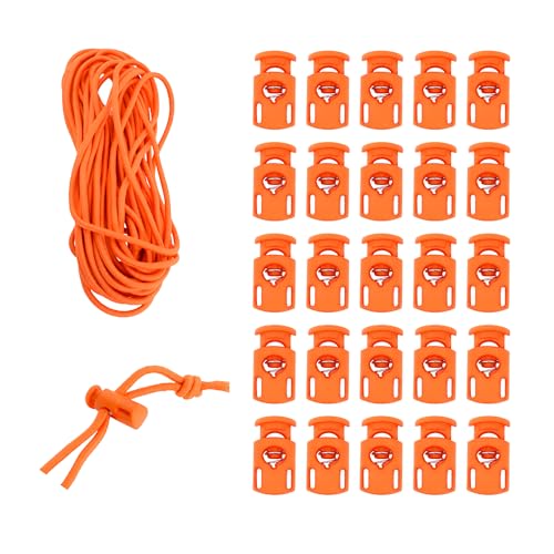 Mandala Crafts Orange Shock Cord & Cord Locks for Elastic Drawstrings | 10 YDs Bungee String, 25 Spring Toggle Clips, End Stopper Clamps, for Shoelaces, Paracord, Jackets, Hoodies, Backpacks - color: Orange