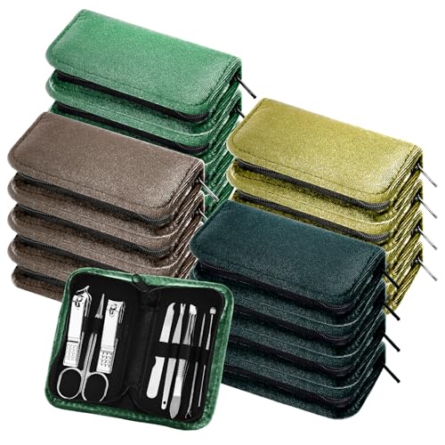 Coume 24 Sets Mini Manicure Set Bulk for Women Men Gifts for Coworkers Nail Grooming Kit 8 in 1 Nail Clippers Kit Luxurious Travel Case Stainless Steel Nails Clipper Set(Green Series) - color: Green Series