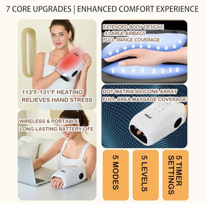 Hand Massager with Heat and Compression for Carpal Tunnel Relief | Wrap-around compression for fingers, palm and wrist,5 modes, wireless rechargeable use, long battery life; hand care gift