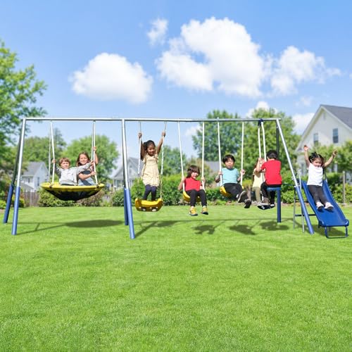Sportspower 800lbs ‘Swing & Play’ Metal Swing Set for Backyard & Outdoors, 2 Swings & Standing Swing, 2-Person Glider, 2-Person Saucer, 5ft Slide, Bonus Anchors, 6-YR WRTY, 6.1' Tall