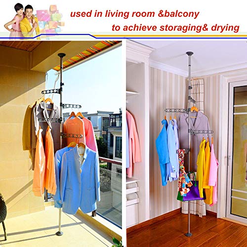 BAOYOUNI 4-Tier Standing Clothes Laundry Drying Rack Coat Hanger Organizer Floor to Ceiling Adjustable Metal Corner Tension Pole, Grey | Metal Corner Tension Pole，Floor to Ceiling Adjustable ， Space-Saving Laundry Organizer，No Drilling Required