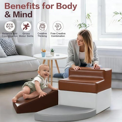Sumbababy Toddler Climbing Foam Blocks: 4 PCS Waterproof PU Leather Playset - Soft Climber for Kids - Fun Indoor Playground for Girls - Great Preschool & Daycare Gift - style: Coffee/Brown