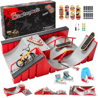 Fingerboard Skate Park Ramp Kit, Finger Skateboards Toys with Skates Sports Shorts Tool Kit, Mini Fingerskateboards Training Props Interactive Freestyle Skate Game for Kids Adults