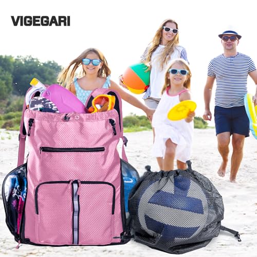 Large Beach Backpack Waterproof Sandproof - Customized Oversized Drawstring Pool Bag with Shoe Compartment for Toiletries, Towels, Gym, Travel - color: Light Pink, size: Large