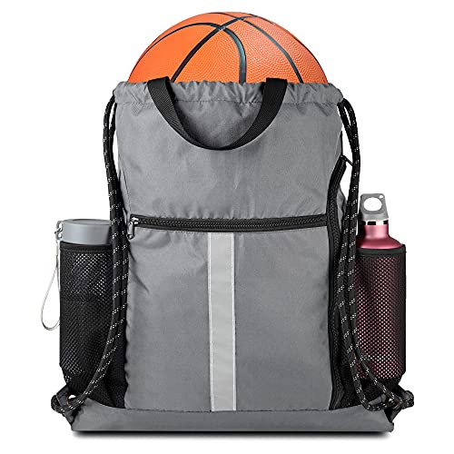 BeeGreen Grey Drawstring Bag Pack Gym Sackpack w Shoe Compartment Two Water Bottle Holder Portable String Sinch Sack for Gymnastic Athletic Beach Travel - color: Grey, style: Drawstring With Shoe Compartment