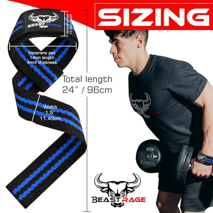 BEAST RAGE Lifting Wrist Straps for Weightlifting, Straps Gym Grip Power Workouts Lifting Straps Padded Neoprene & Premium Cotton Men Women, Deadlift Bodybuilding Exercise Lifting Straps - color: Black/blue