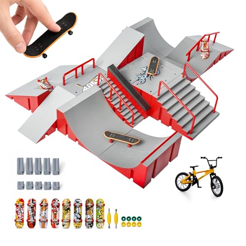 14-in-1 Fingerboard Skatepark Set with 8 Finger Skateboards and Finger Bike | Modular fingerboard skatepark, Multiple layouts, Smooth-edge ABS ramps, Half pipe and rails, Fits most standard fingerboards - color: 14in1-red