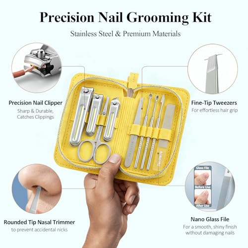9-in-1 Manicure and Pedicure Kit for Men & Women, Travel Nail Clipper Set with Stainless Steel Tools & Glass Nail File, Portable Grooming Kit in PU Leather Case, Personal Care Gift - color: Yellow-Silver