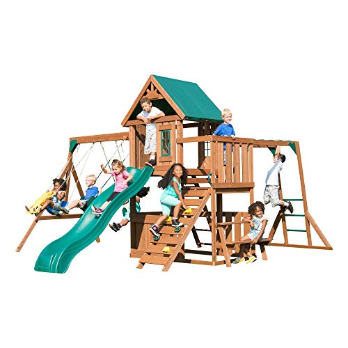 Swing-N-Slide Fremont Wooden Swing Set with Slide, Glider, Swings, Monkey Bars, Climbing Wall and Picnic Table, Wood, Green - size: Fremont