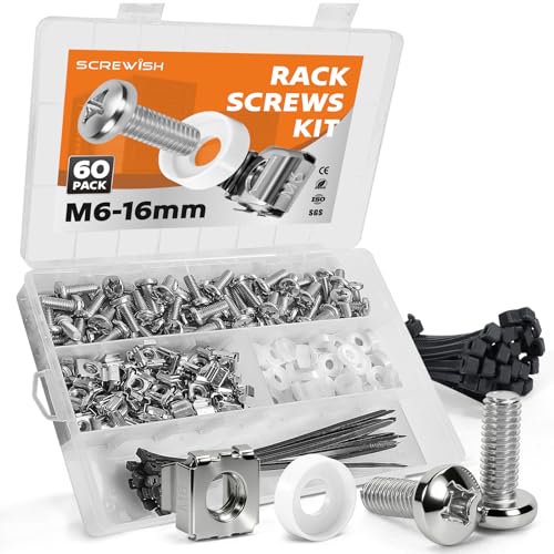 60 Pack M6 x 16mm Rack Screws Kit (Silver), Cage Nuts, Washers and Cable Ties, Organizer Case with Dividers for Server Racks and Network Cabinets - color: Silver, size: M6x16mm