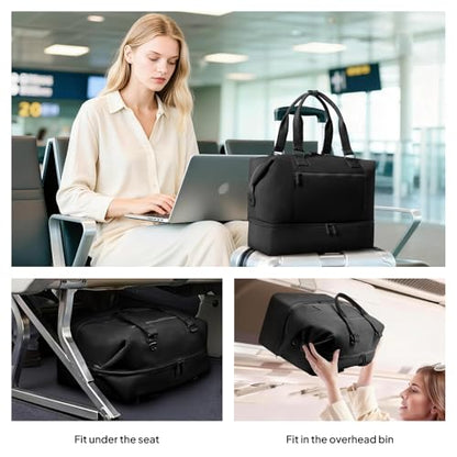 Travel Duffle Bag for Women,40L Weekender Bags Airline Approved Carry On with Shoe Compartment & Waterproof Wet Pocket, Durable Nylon Weekender Overnight Bag for Travel, Gym, Business Trip, Black - color: Black