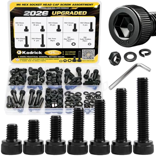 Kadrick M6 Screws Kit 125PCS, Optimized Socket Head Cap Screws Assortment with Higher Screw Ratio, Class 12.9 Alloy Steel, Black Zinc Plated M6 Bolts Nuts & Washers for Mechanical, Repair & DIY Use - size: M6 125Pcs New