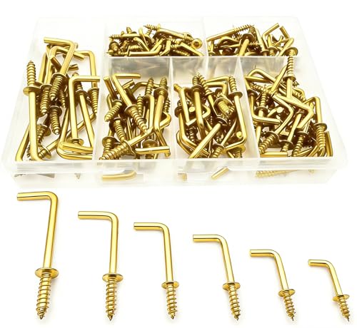 150 PCS 7 Shaped Right Angle Screw Hooks Sets,Gold 6 Sizes Screw in L Shaped Hooks for Hanging Lamp,Plants,Decorations,kitchenware and DIY Crafts,(1/2",5/8",3/4",7/8",1",1-1/4") - size: Gold 6sizes 150pcs