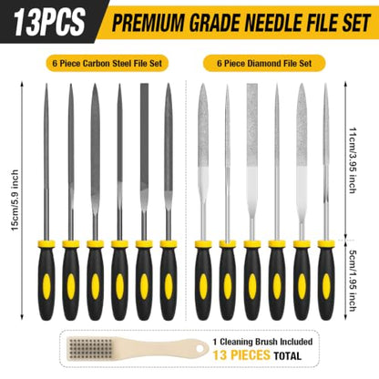 13PCS Needle File Set,Small File Set,Needle Files for Metal,Diamond File Set,TOYIKOM 6 Jewelers Files Set,6 Steel File Tool,Small Metal Files for Precision Metal Wood Sharpening with Brush Carry Case - color: 13PCS Needle File (Black+Yellow)