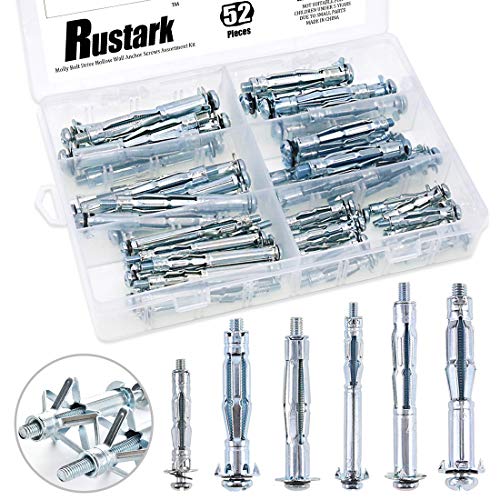 52-Pcs 6 Sizes Heavy Duty Zinc Plated Steel Molly Bolt Drive Hollow Wall Anchor Screws Assortment Kit for Drywall Sheetrock