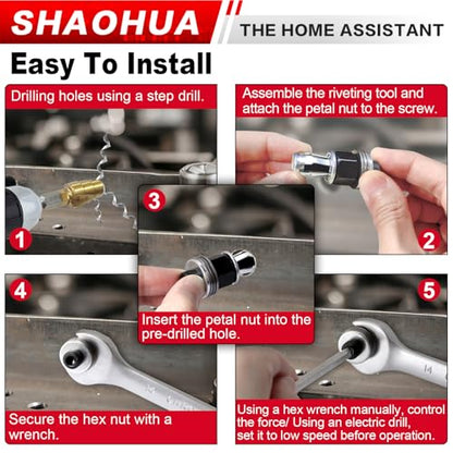1/4-20 Jack Nuts Petal Nuts Expansion Screws with Installation Tool, Anchor Fasteners for Hollow Wall, Metal Sheet, Drywall, Aluminum Panel, Plastic, Polywood, Pressboard, Furniture, Cars - size: B. 1/4-20