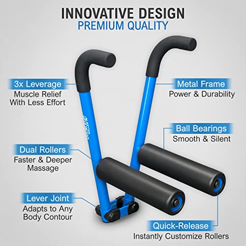 DoubleUP Roller D5 Leg & Arm Massager, Metal Frame, 5 Rollers & Case, Blue | 3X Lever-Action Pressure Control. 5 Quick-Change Rollers + Storage Case. IT Bands, Calves, Quads, Hamstrings, Thighs, Arms. - color: Blue