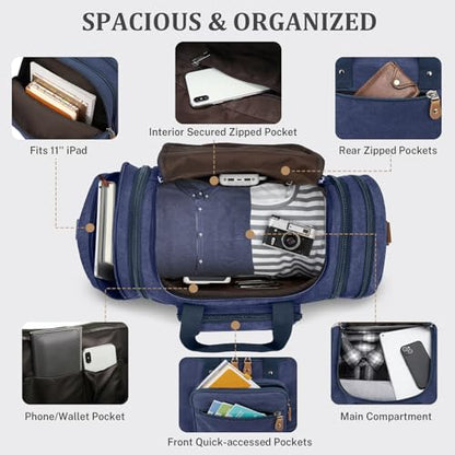 Gonex Canvas Duffle Bag for Travel 60L Expandable Duffel Weekend Overnight Bag men (Blue) - color: Blue, size: X-Large-60L (Without Shoe Compartment)