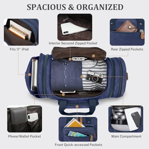 Gonex Canvas Duffle Bag for Travel 50L Expandable Duffel Weekend Overnight Bag men (Blue) - color: Blue, size: Large-50L (Without Shoe Compartment)