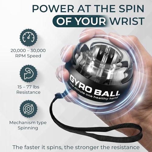 Torque Ball Wrist Trainer, Gyro Ball Hand Exerciser 20,000–30,000 RPM | 15–77 lbs Resistance, Forearm Strengthener for Grip, Wrist & Arm Training