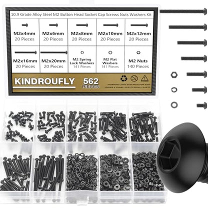 562 Pieces Black M2 x 4/6 /8/10 /12/16 /20mm Button Head Socket Cap Screws Nuts Washers Assortment Kit, 10.9 Grade Alloy Steel - size: M2, style: Button Head
