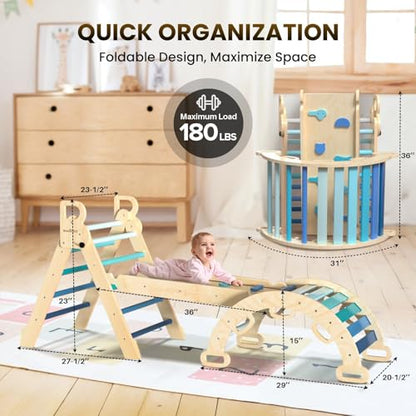Pikler Triangle Set with Safe Handle, Climbing Toys for 1-3 Year | Foldable 7-in-1 Montessori Toddler Climbing Toys Indoor, Wooden Pickler Climbing Set, Baby Jungle Gym & Playground, Sky Blue - color: Sky Blue