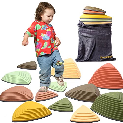 makarci Stepping Stones for Kids 12pcs Obstacle Courses Play Indoor Outdoor, Full Rubber Rim Plastic Hilltop for Kids Balance and Integration Improvement Age 3 4 5 6 7 8 +（Forest） - color: 12pc/Forest