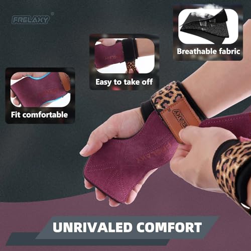 Frelaxy Lifting Wrist Straps for Women and Men, Weight Lifting Grips | Double-layer leather, Cushioned wrist support, Durable construction, Storage pouch, Deadlifts, rows, lat pulldowns - color: Purple/Leopard