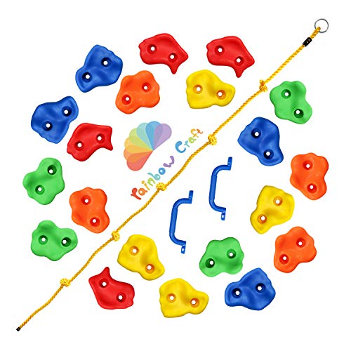 Rainbow Craft DIY Monkey Rock Climbing Holds for Kids - Wall Climbing Rocks of 20pc Rock Wall Holds, 2pc Handles & 1pc 8ft Knotted Climbing Rope - Kids Rock Climbing Holds Rock Wall Climbing Kit