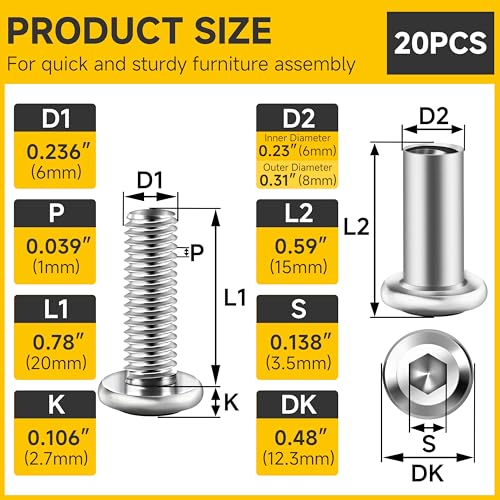 Mywish 10Sets M6 x 20mm Flat Head Hex Socket Cap Screws Bolts and Barrel Nuts Kit, 304 Stainless Steel Furniture Connector Bolts, Metric M6 Countersunk Binding Screws for Crib Cabinet with Hex Spanner - size: M6 x 20mm