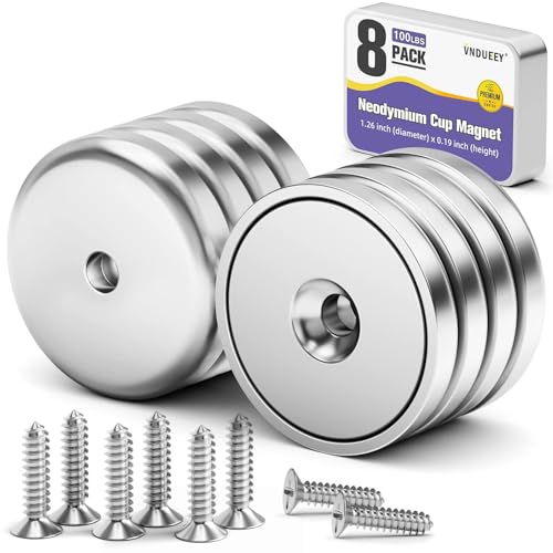 VNDUEEY 8 Pack Neodymium Magnet Cup 100 LBS Strong Rare Earth Magnets with Countersunk Hole Industrial Strength Round Base with Screws 1.26''D x 0.2" H for Holding Tools Kitchen Office DIY Craft - size: 8 Pack 100LBS