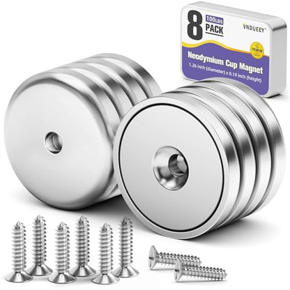 VNDUEEY 8 Pack Neodymium Magnet Cup 100 LBS Strong Rare Earth Magnets with Countersunk Hole Industrial Strength Round Base with Screws 1.26''D x 0.2" H for Holding Tools Kitchen Office DIY Craft - size: 8 Pack 100LBS
