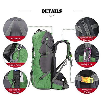 Bseash 60L Waterproof Hiking Camping Backpack with Rain Cover, Large Outdoor Sport Travel Daypack Rucksack for Climbing - color: Green