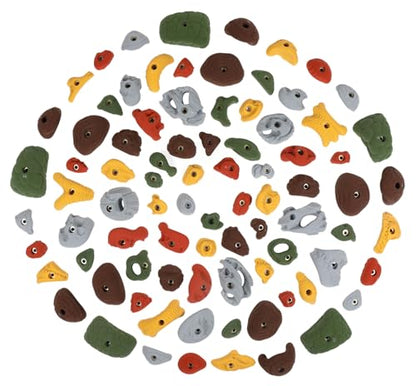 Atomik Rock Climbing Holds Set of 85 Bolt-On Rock-Like Crimpers, Edges, Pockets, Jugs and Footholds in Assorted Earth Tones