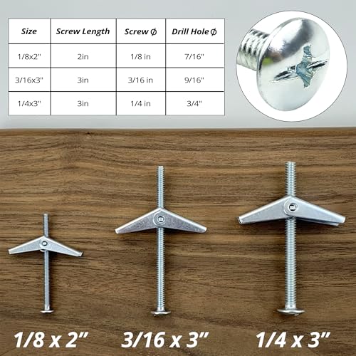 HASWARE Toggle Bolt 29 Pcs Zinc Plated Steel 1/8",3/16",1/4" and Wing Nut Assortment Kit for Hanging Heavy Items on Drywall - size: 3 Size Kit (29 Pack)