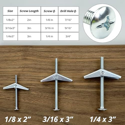 HASWARE Toggle Bolt 29 Pcs Zinc Plated Steel 1/8",3/16",1/4" and Wing Nut Assortment Kit for Hanging Heavy Items on Drywall - size: 3 Size Kit (29 Pack)