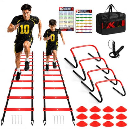 BORNEW 2 Pack Agility Ladder, Soccer Speed Training Equipment Set with Total 26 ft Agility Ladder, 12 Cones, 4 Adjustable Hurdles, Jump Rope, for Soccer, Basketball, Football, Kids, Youth, Adults - color: 4.Red