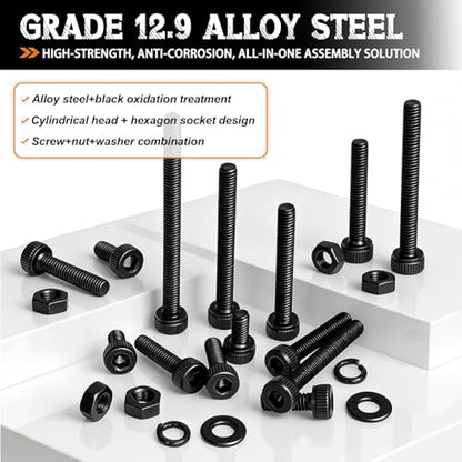mankk 1015PCS M3 Screws Kit, M3×6/8/10/12/16/20/25/30mm Hex Socket Head Cap Screws,12.9 Grade Alloy Steel Machine Screws with Nuts & Washers for 3D Printer Electronics DIY Repair - size: M3 -1015PCS, style: Hex Socket Cap