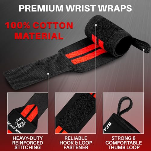 TECEUM Weightlifting 18" & 12" Wrist Wraps with Thumb Loop – Heavy Duty Wrist Workout Braces for Men and Women – Ideal for Powerlifting, Strength Training, Bodybuilding - color: Black and Red, style: 18" – Beast Mode