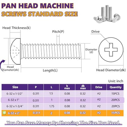 15Pcs 6-32x2 Pan Head Machine Screws Kit 304 SS for Outlet | Phillips Full Thread For Electrical Outlet Switch plate, Cabinet & Drawer, Anti-Rust & Anti-Corrosion, Organizer Box Included - size: 6-32 x 2