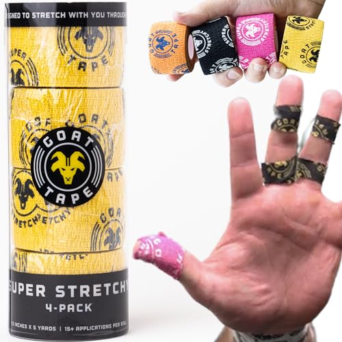 Goat Tape Super Stretchy Thumb Tape - Weightlifting Hook Grip Tape & WOD Tape for Cross Training, Gym Workout Tape, Athletic Finger Wrap - Flexes with Every Move - 15 Feet per Roll (Yellow 4-Pack) - color: Yellow 4-pack