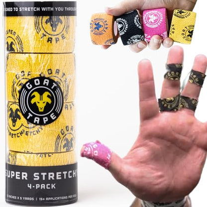 Goat Tape Super Stretchy Thumb Tape - Weightlifting Hook Grip Tape & WOD Tape for Cross Training, Gym Workout Tape, Athletic Finger Wrap - Flexes with Every Move - 15 Feet per Roll (Yellow 4-Pack) - color: Yellow 4-pack