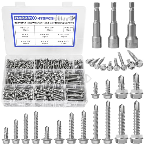 470Pcs Self Tapping Screws for Metal #8#10#14, Hakkin 410 Stainless Steel Self Drilling Screws Assortment Kit, Hex Washer Head Sheet Metal Screws Kit, Tek Screws 1/2" 3/4" 1" 1-1/2", Socket Included - size: 470PCS #8 #10 #14 Self Drilling Screws Silver