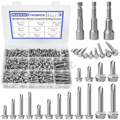 470Pcs Self Tapping Screws for Metal #8#10#14, Hakkin 410 Stainless Steel Self Drilling Screws Assortment Kit, Hex Washer Head Sheet Metal Screws Kit, Tek Screws 1/2" 3/4" 1" 1-1/2", Socket Included - size: 470PCS #8 #10 #14 Self Drilling Screws Silver