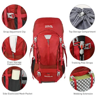 50L Hiking Camping Backpack for Men Women Lightweight Backpacking Back Pack | Waterproof Travel Outdoor Sport Climbing Daypack with Rain Cover - color: Red