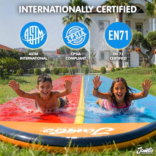 JAMBO Premium 18Ft Budget Slip Splash and Slide, Heavy Duty Water Slide with Advanced Sprinkler System, Backyard Waterslide, Splash Mat, Outdoor Water Toys n Slides for Kids - color: 18' Multicolor
